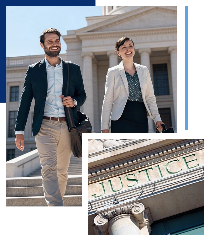 Courthouse steps and a stone engraving of the word Justice